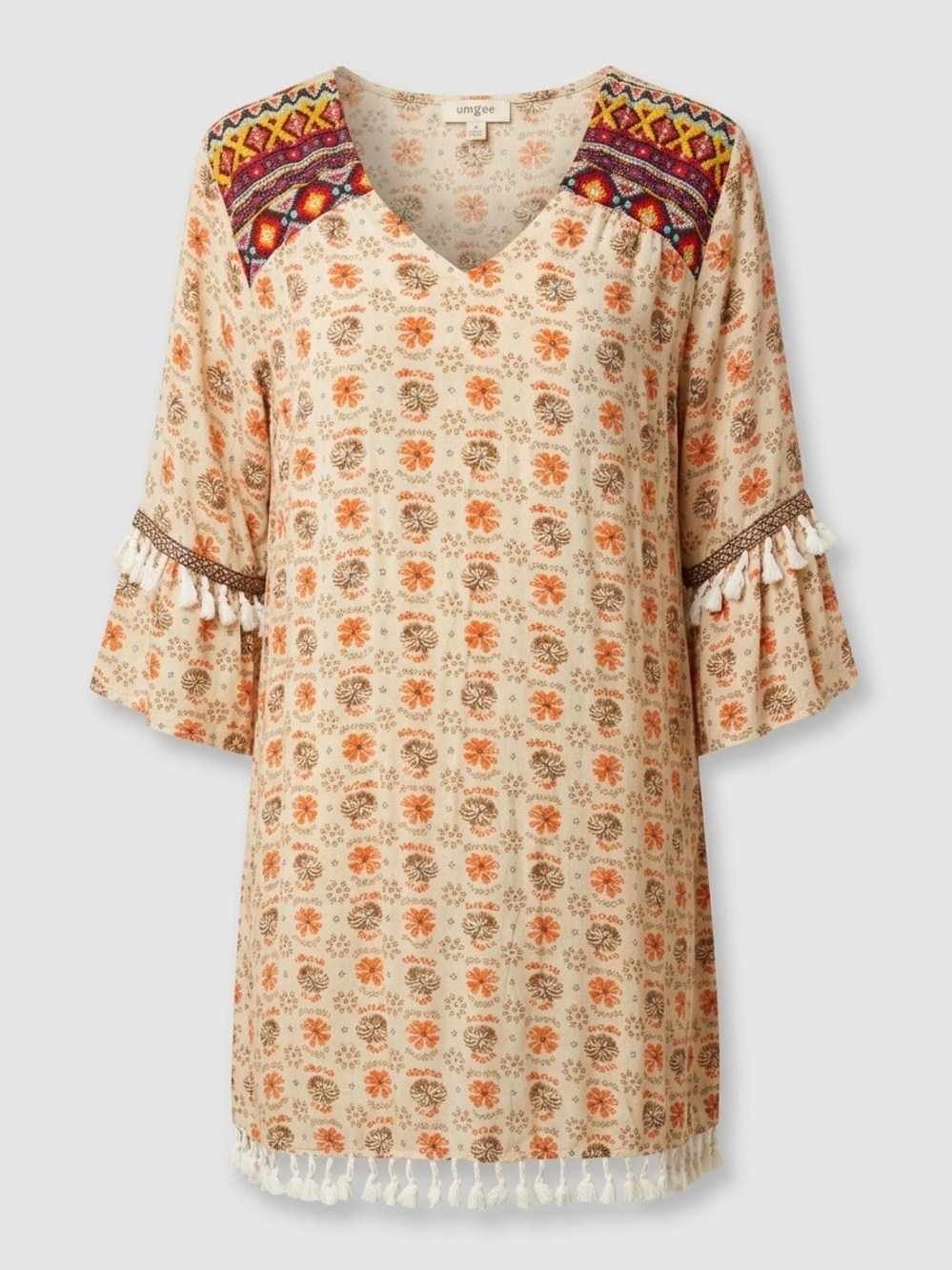 Umgee Boho Floral Tassel Tunic Dress Excellent Condition